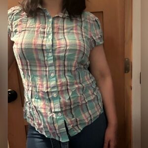 Turquoise Plaid LL Bean Button-Up Women's Top